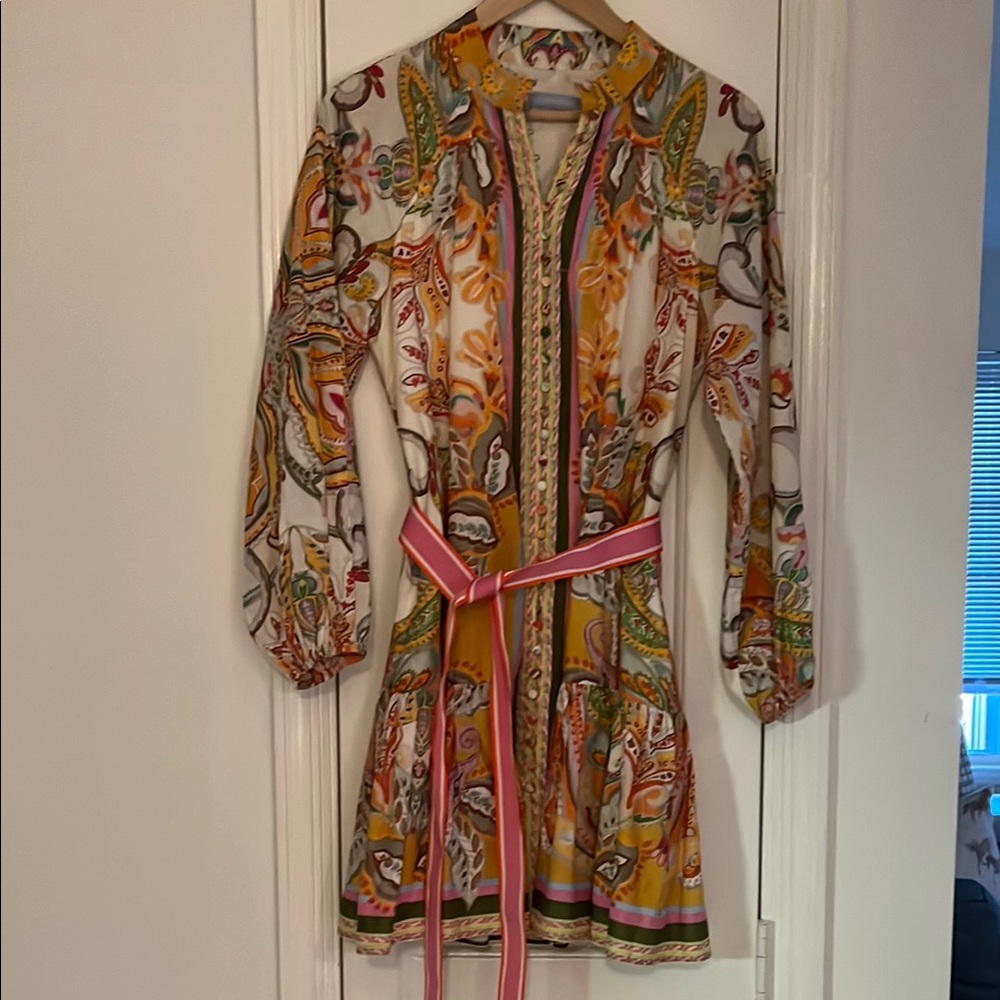 White &  Floral Paisley Print Long Sleeve Dress with Pink Belt